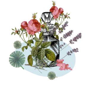 Fläschchen mit Rosen und Lavendel